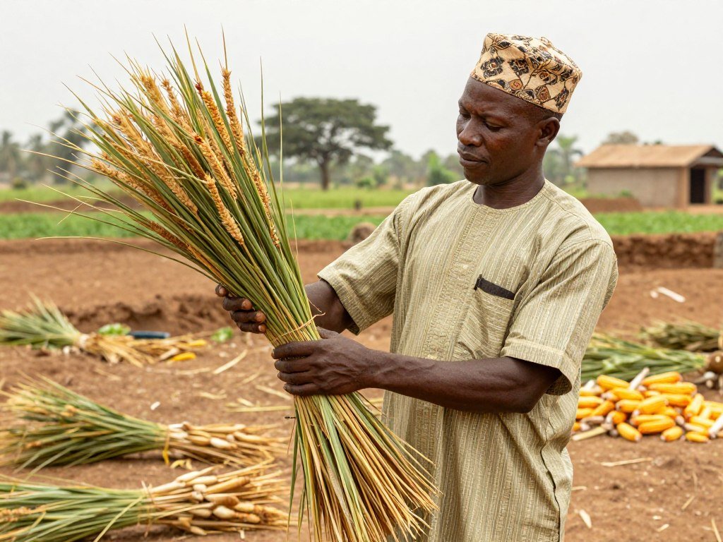 Nigerian farmer examining dried grass and hay roughage materials for cattle feed Nigerian farmer examining dried grass and hay roughage materials for cattle feed