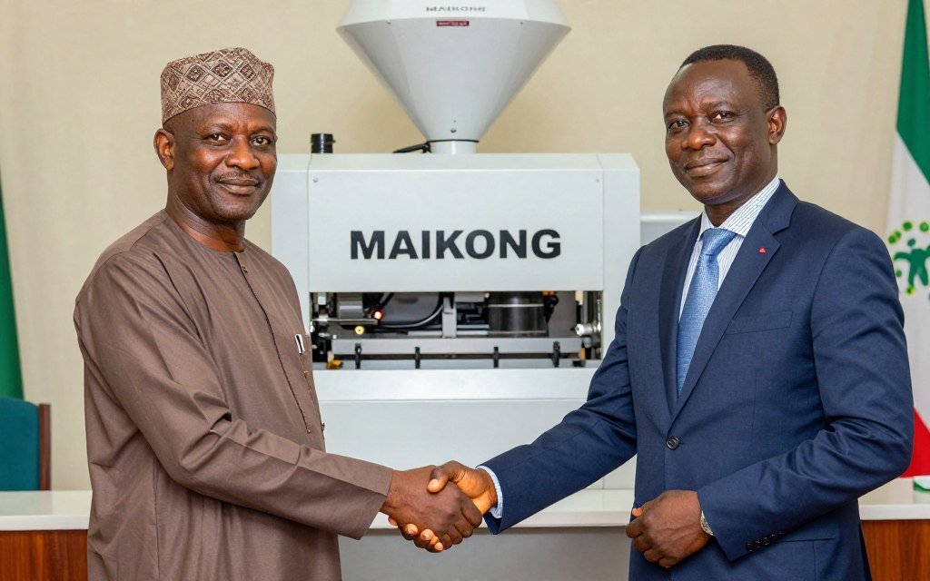 Nigerian farmer shaking hands with MAIKONG representative sealing partnership