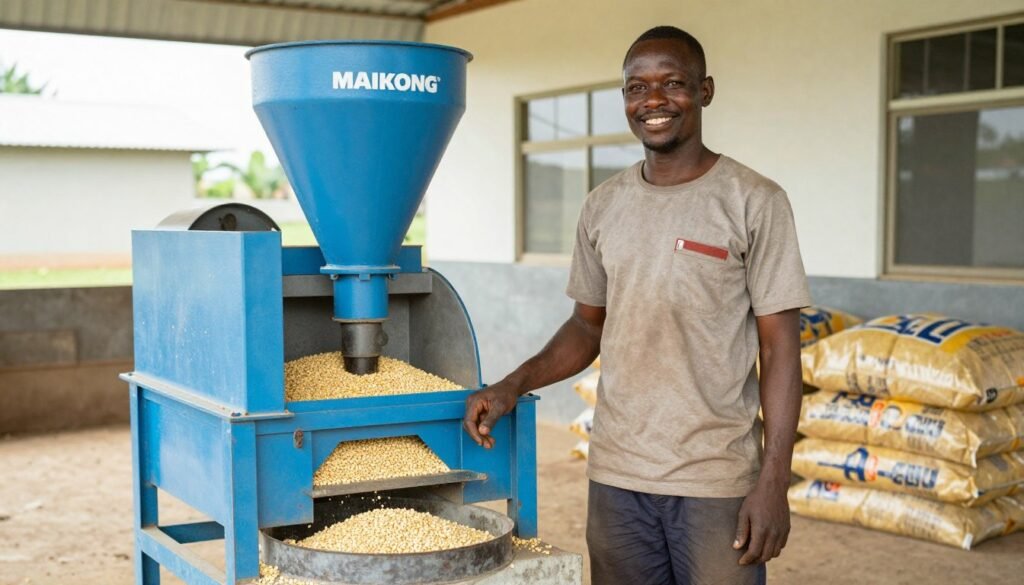 Nigerian farmer standing next to MAIKONG feed pellet machine with produced pellets