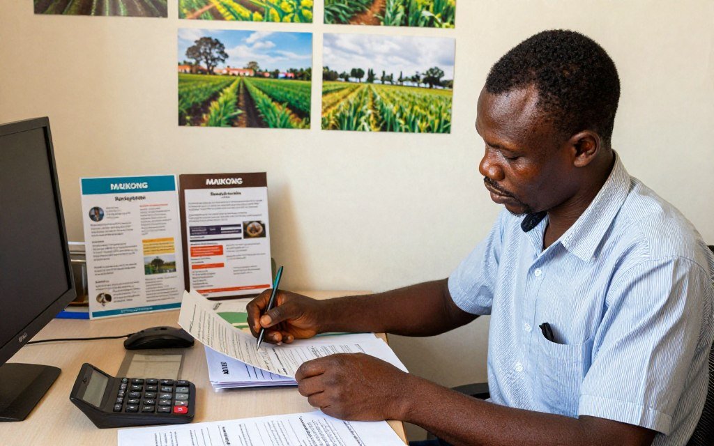 Nigerian farmer using calculator with feed consumption charts and pellet machine brochures