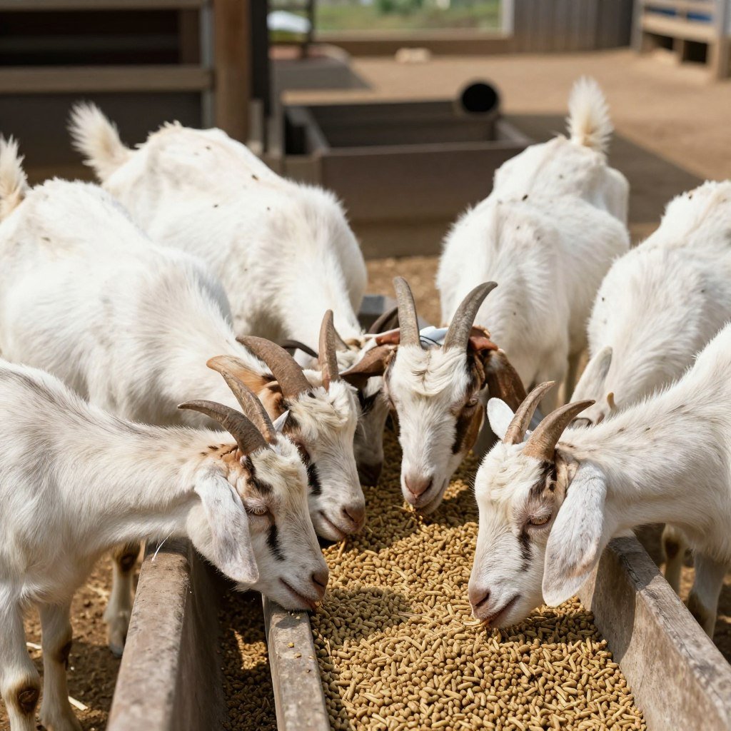 Nigerian goats eating feed pellets from MAIKONG machine Nigerian goats eating feed pellets from MAIKONG machine