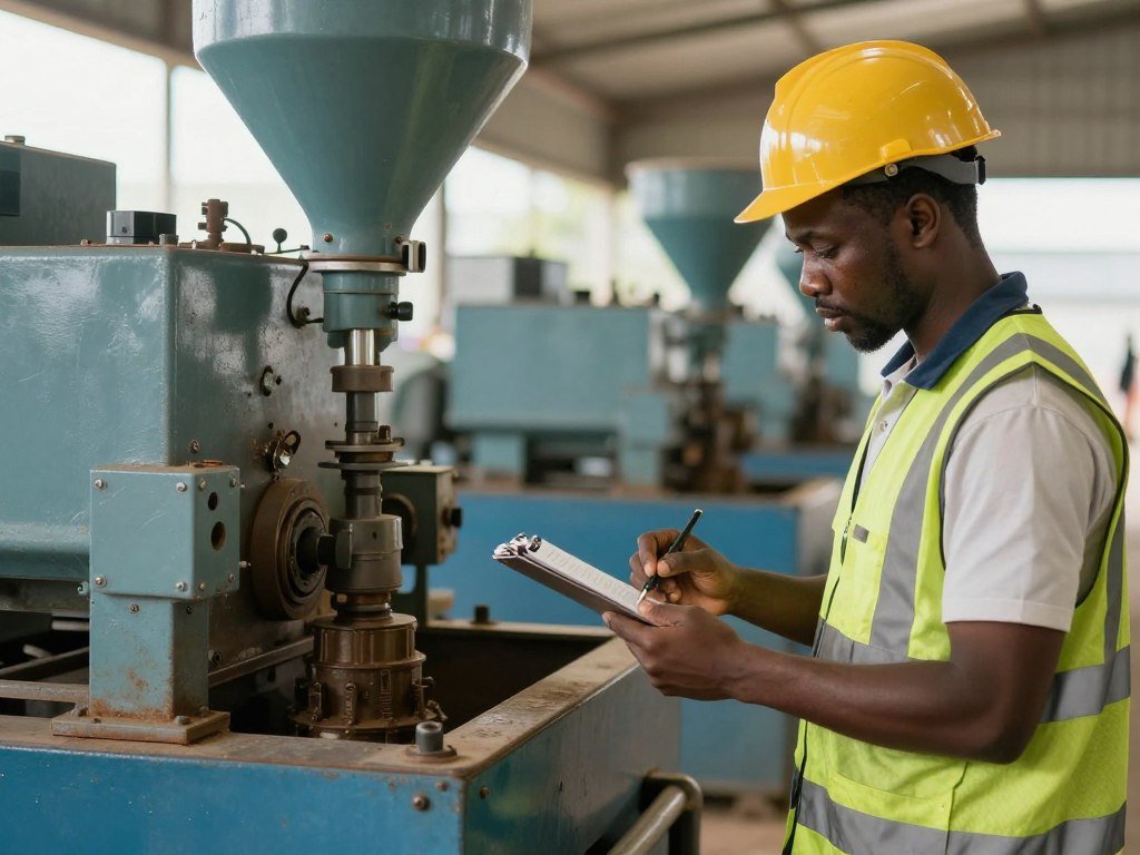 Nigerian operator performing daily inspection of MAIKONG feed pellet machine