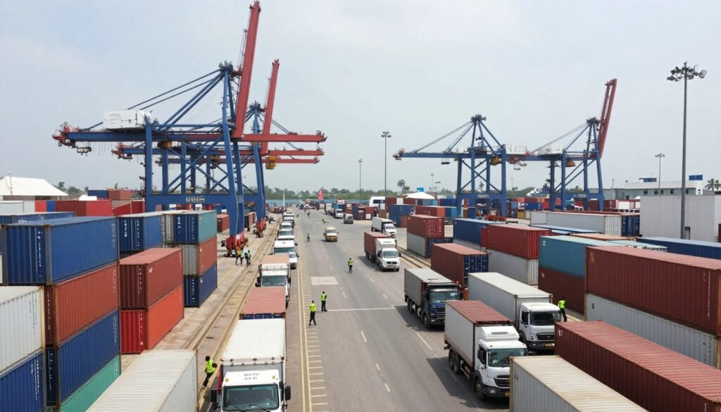 Nigerian port congestion showing stacked containers and busy operations