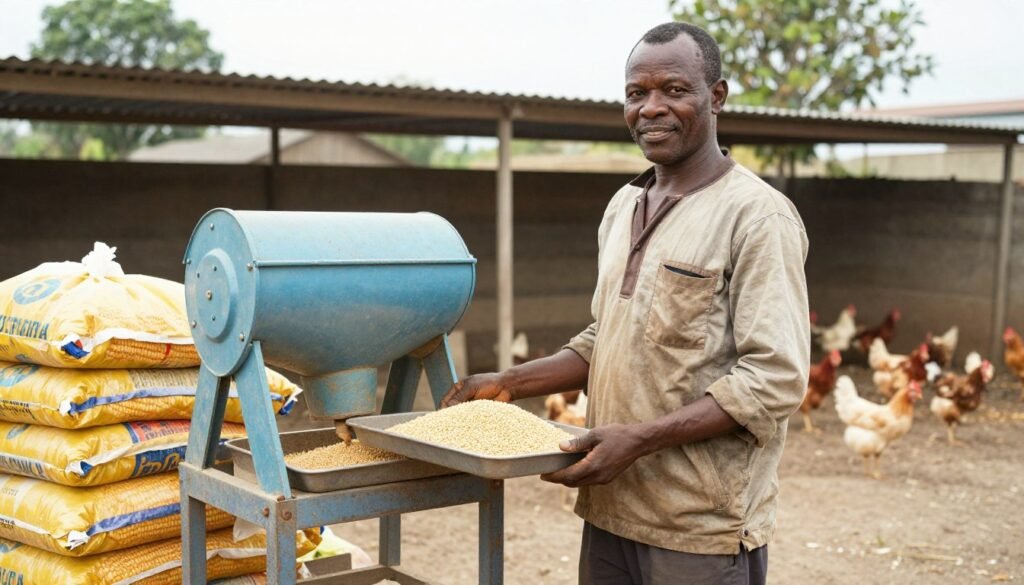 Nigerian poultry farm owner with small scale feed pellet machine showing finished product