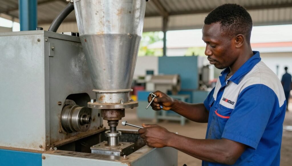 Nigerian technician performing maintenance on MAIKONG feed pellet machine