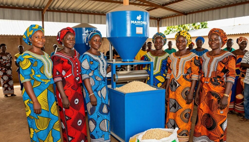 Nigerian women cooperative members with MAIKONG pellet machine at their facility