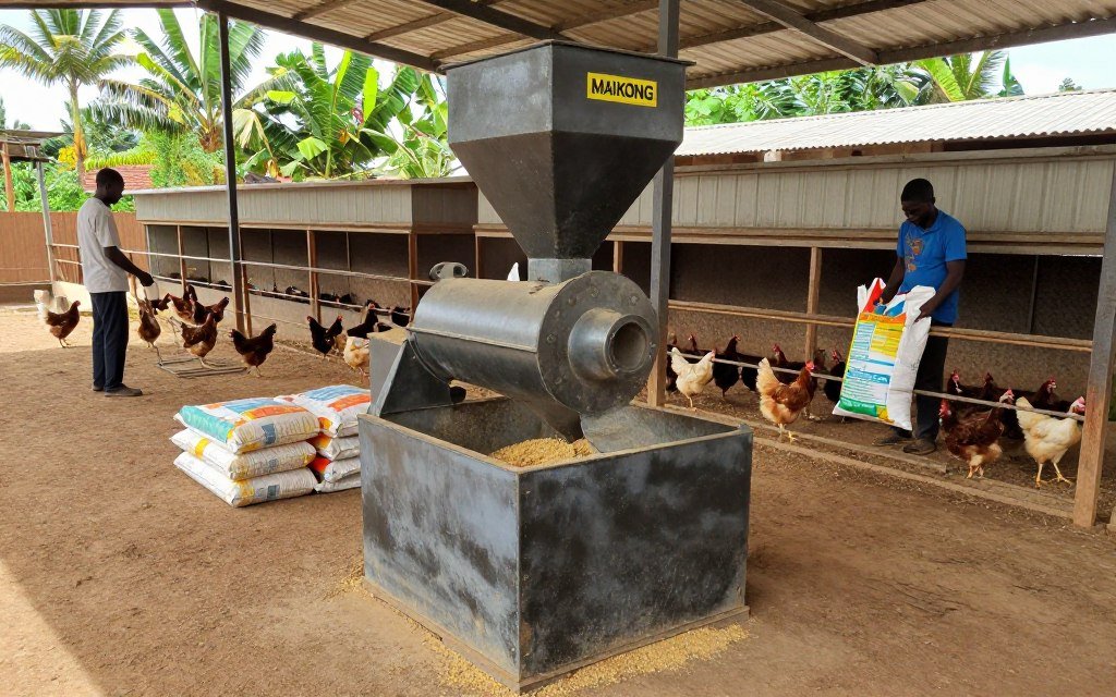 Ogun State poultry farm showing feed pellet machine installation and chicken houses