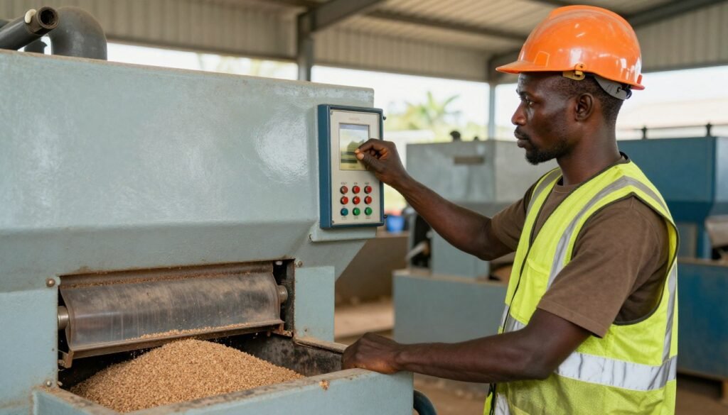 Operator adjusting feed pelletizer machine settings for optimal pellet production Operator adjusting feed pelletizer machine settings for optimal pellet production