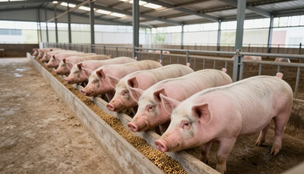 Pig farm in Nigeria with swine eating pelleted feed