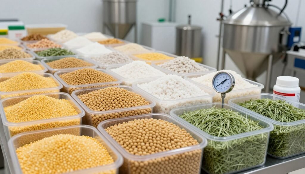 Raw feed ingredients organized and prepared for pelletizing process
