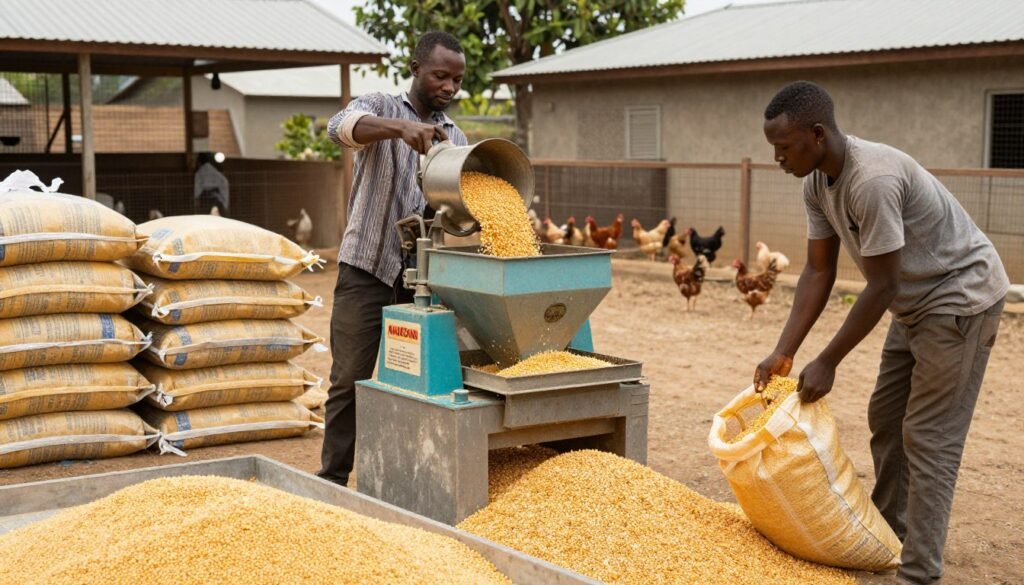 Small scale feed pellet production showing raw materials, machine operation, and finished pellets in Nigerian farm setting