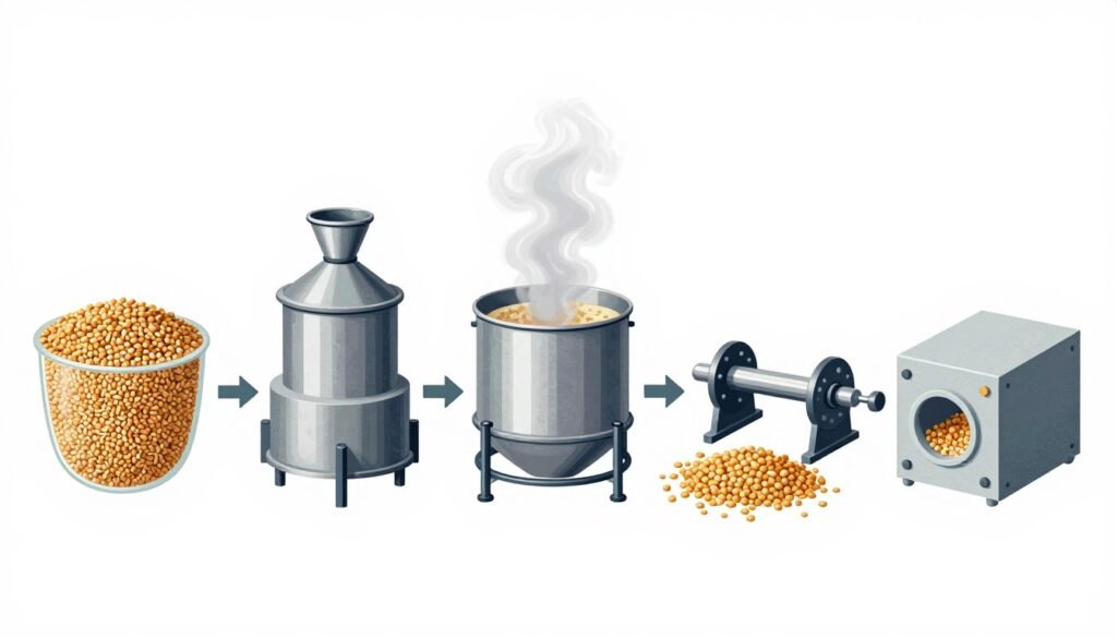 Step-by-step process flow of feed pelletizing from raw materials to finished pellets