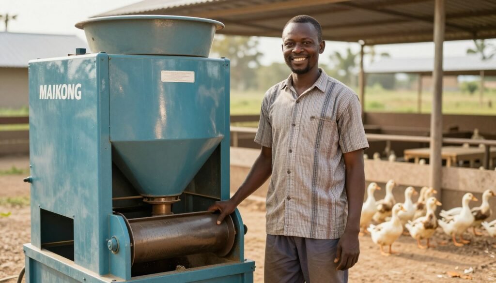 Successful Nigerian duck farmer with MAIKONG feed pelletizer machine and healthy flock Successful Nigerian duck farmer with MAIKONG feed pelletizer machine and healthy flock