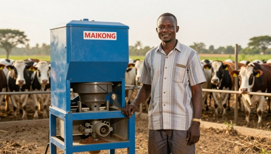 Successful Nigerian farmer with diesel feed pellet machine and livestock