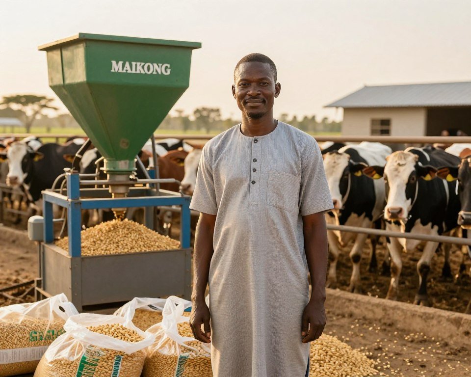 Successful Nigerian farmer with thriving livestock and MAIKONG feed machine Successful Nigerian farmer with thriving livestock and MAIKONG feed machine