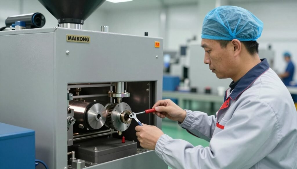 Technician performing routine maintenance on MAIKONG pellet machine