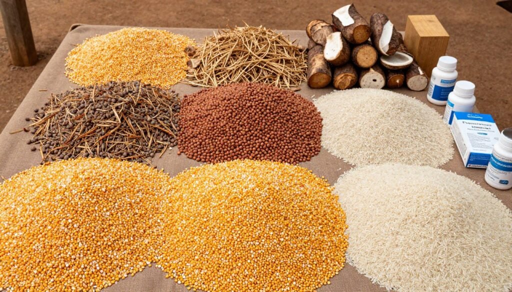 Various Nigerian feed ingredients including grains and agricultural byproducts