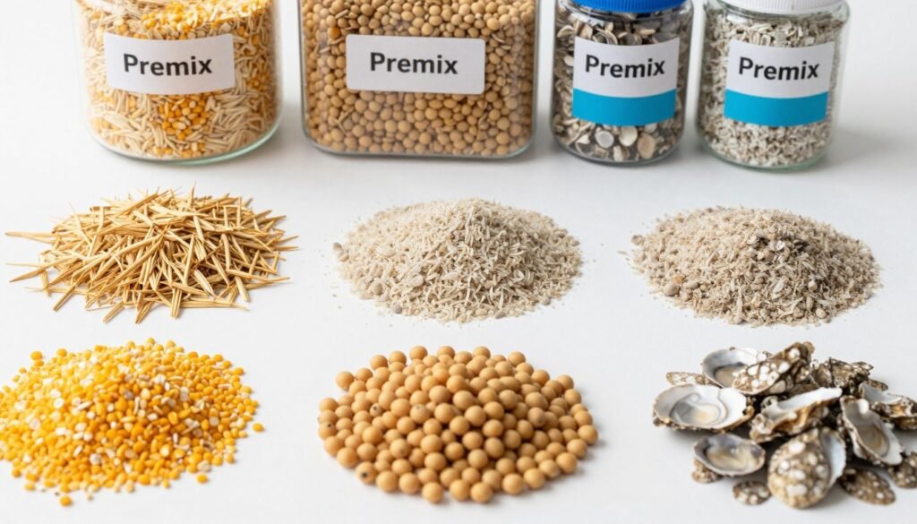 Various feed ingredients laid out showing grains, proteins, minerals for pellet production