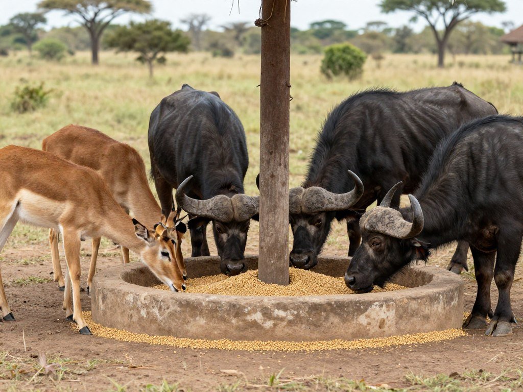 Wildlife animals eating pelleted game feed in Nigerian reserve