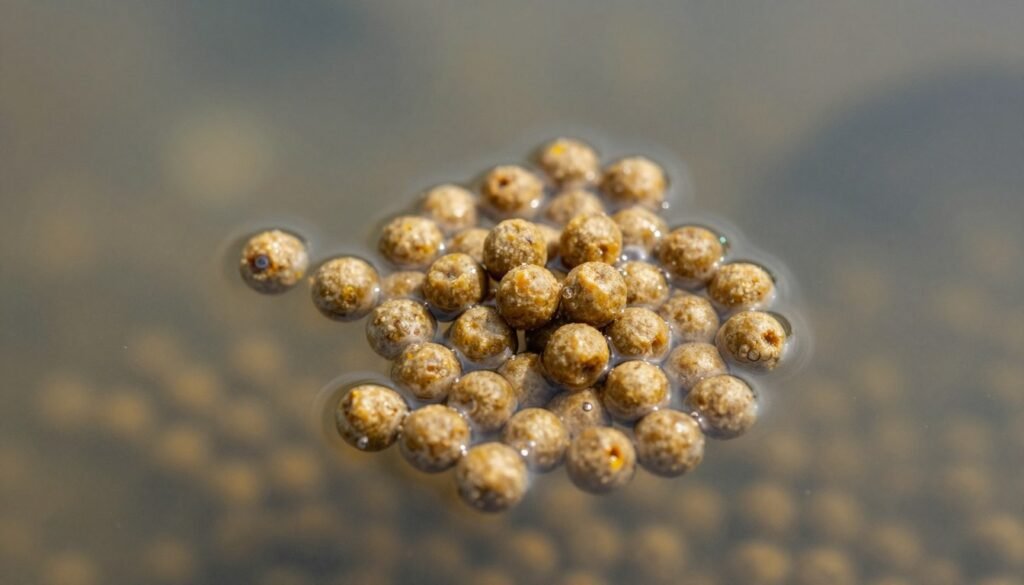 Close-up of floating fish feed pellets on water surface with catfish feeding