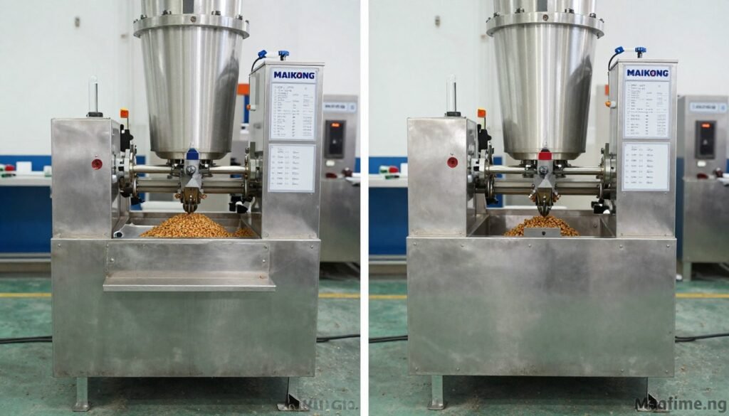 Comparison view showing manual and automatic fish feed pellet machines side by side