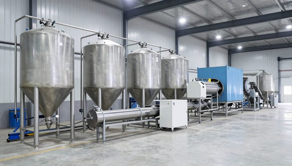 Complete fish feed production line showing all equipment from mixer to packaging