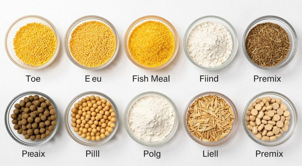 Different fish feed ingredients displayed for formulation reference