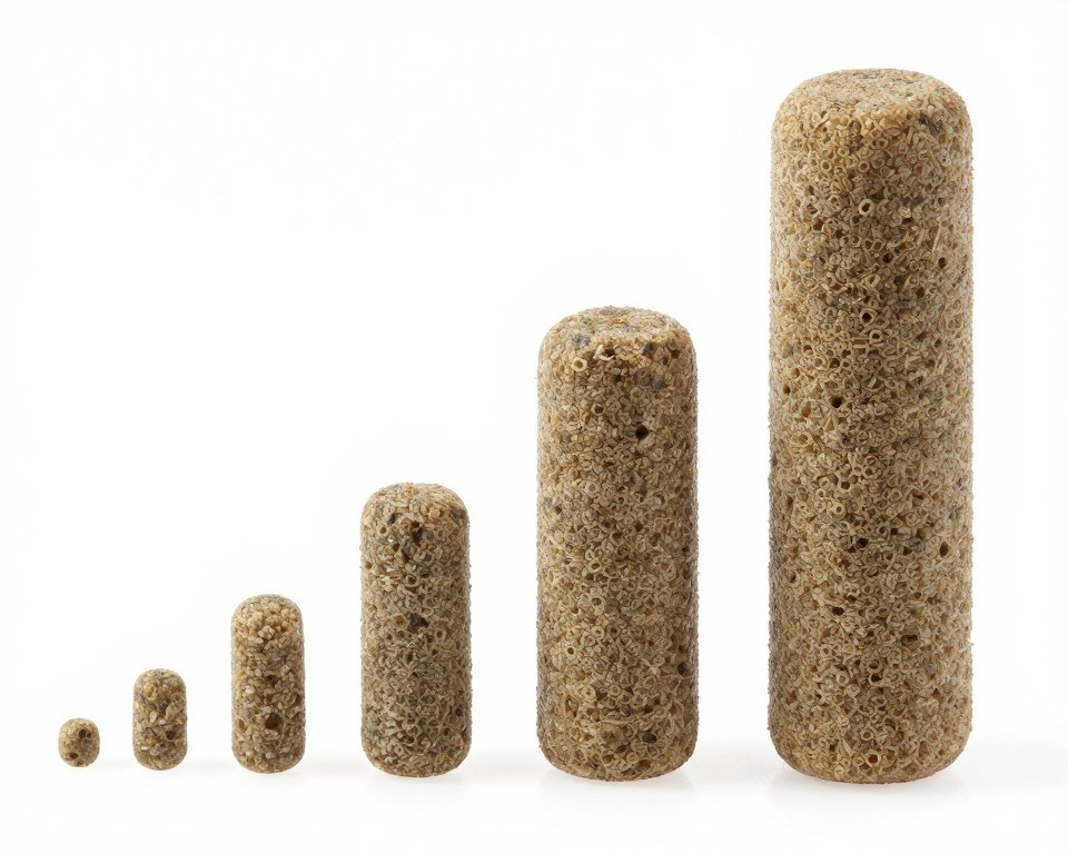 Different sizes of fish feed pellets from 1mm to 8mm diameter displayed