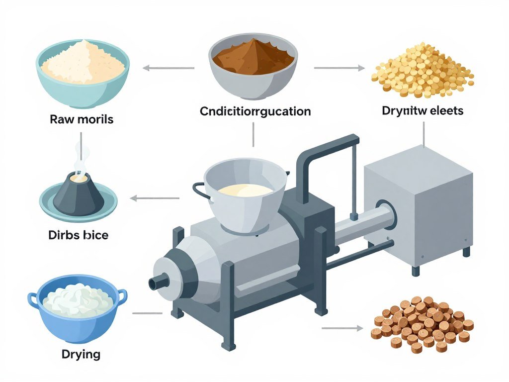 Fish feed extrusion process diagram showing raw materials to finished pellets