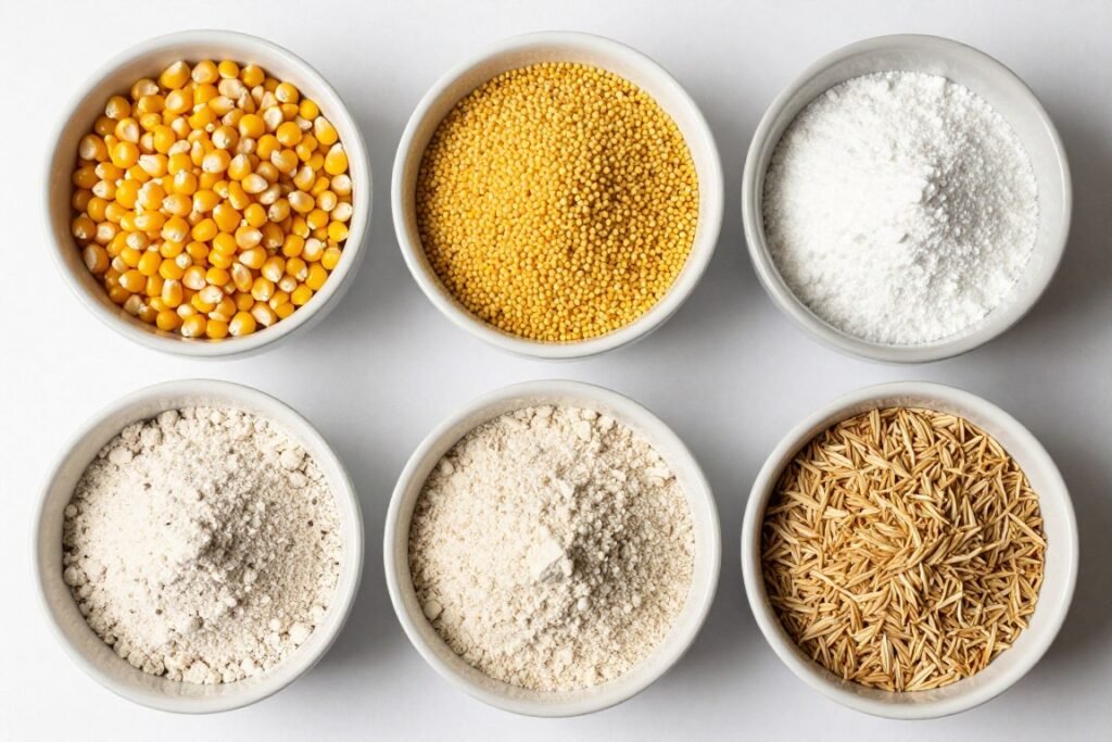 Fish feed raw materials including corn, soybean, fish meal arranged for processing