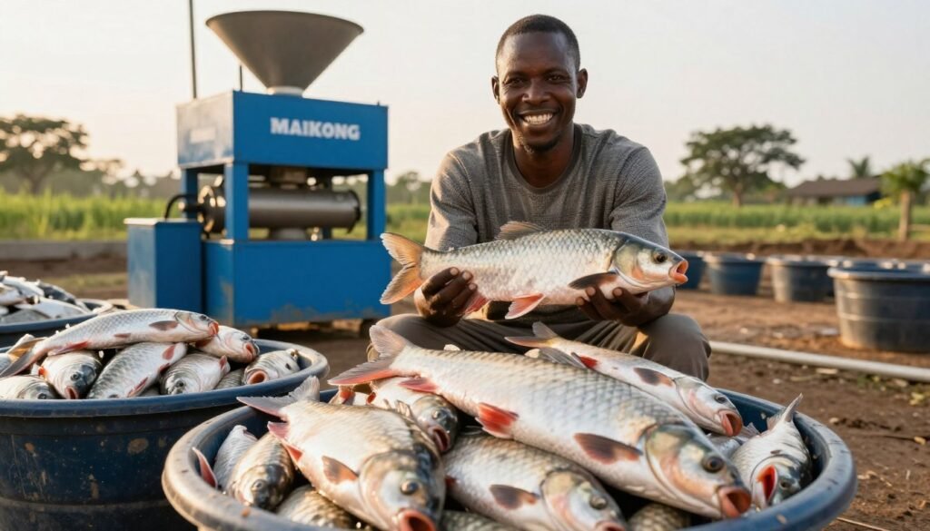 Happy Nigerian fish farmer with abundant harvest next to MAIKONG pellet machine