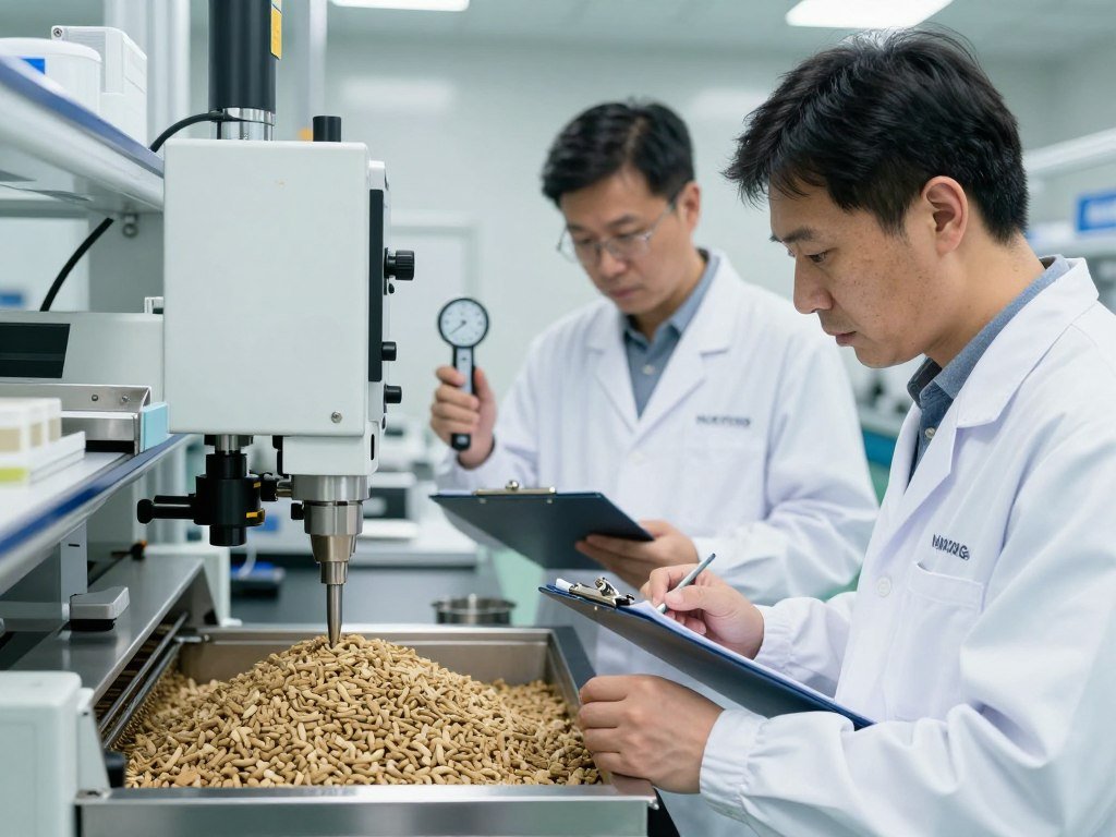 MAIKONG quality control team inspecting fish feed pellet machine components MAIKONG quality control team inspecting fish feed pellet machine components