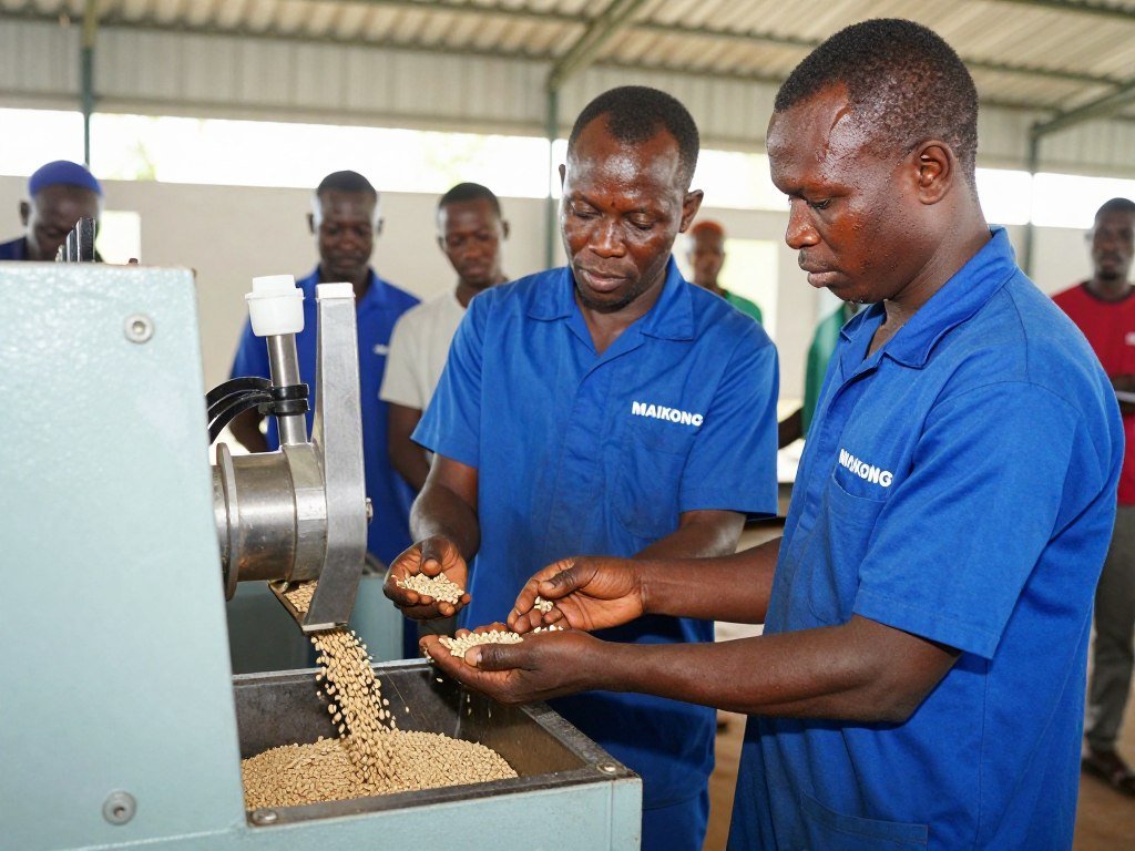 MAIKONG technician training Nigerian farmer on fish feed pellet machine operation