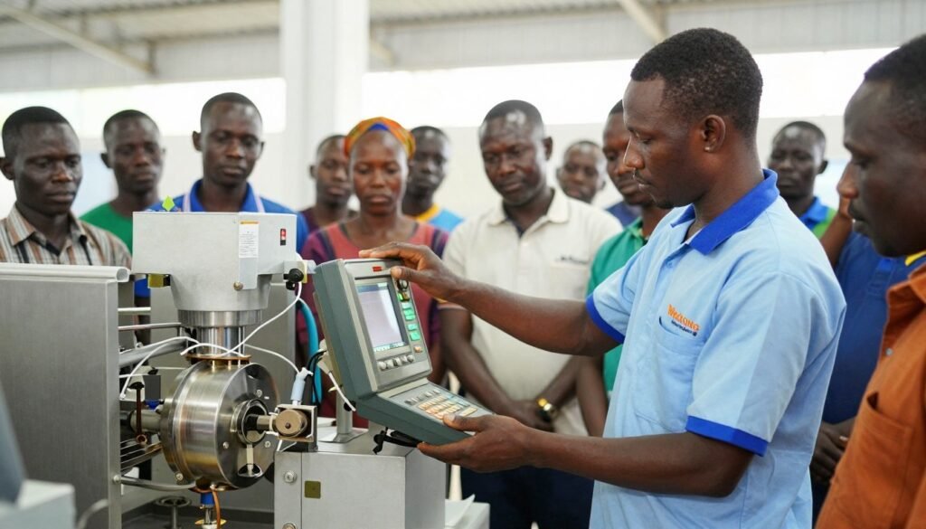 MAIKONG technician training Nigerian farmers on fish feed pellet machine operation MAIKONG technician training Nigerian farmers on fish feed pellet machine operation