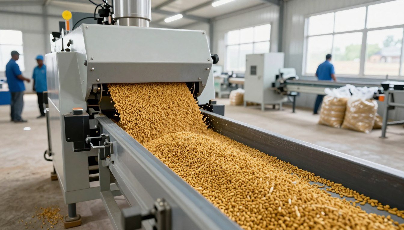 Modern fish feed pellet machine producing floating pellets in Nigerian fish farm setting