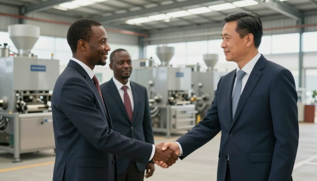 Nigerian business partners shaking hands in front of MAIKONG pellet machines