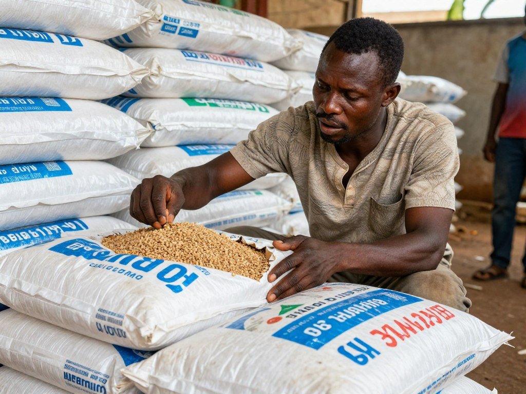 Nigerian fish farmer examining expensive imported fish feed bags with concerned expression