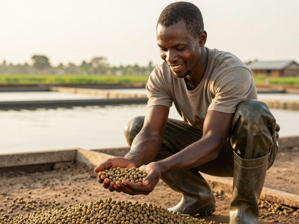 Nigerian fish farmer inspecting quality floating fish feed pellets from MAIKONG machine Nigerian fish farmer inspecting quality floating fish feed pellets from MAIKONG machine
