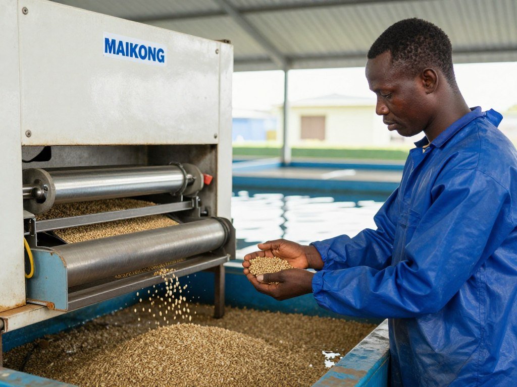 Nigerian fish farmer inspecting quality of fish feed pellets from MAIKONG extruder