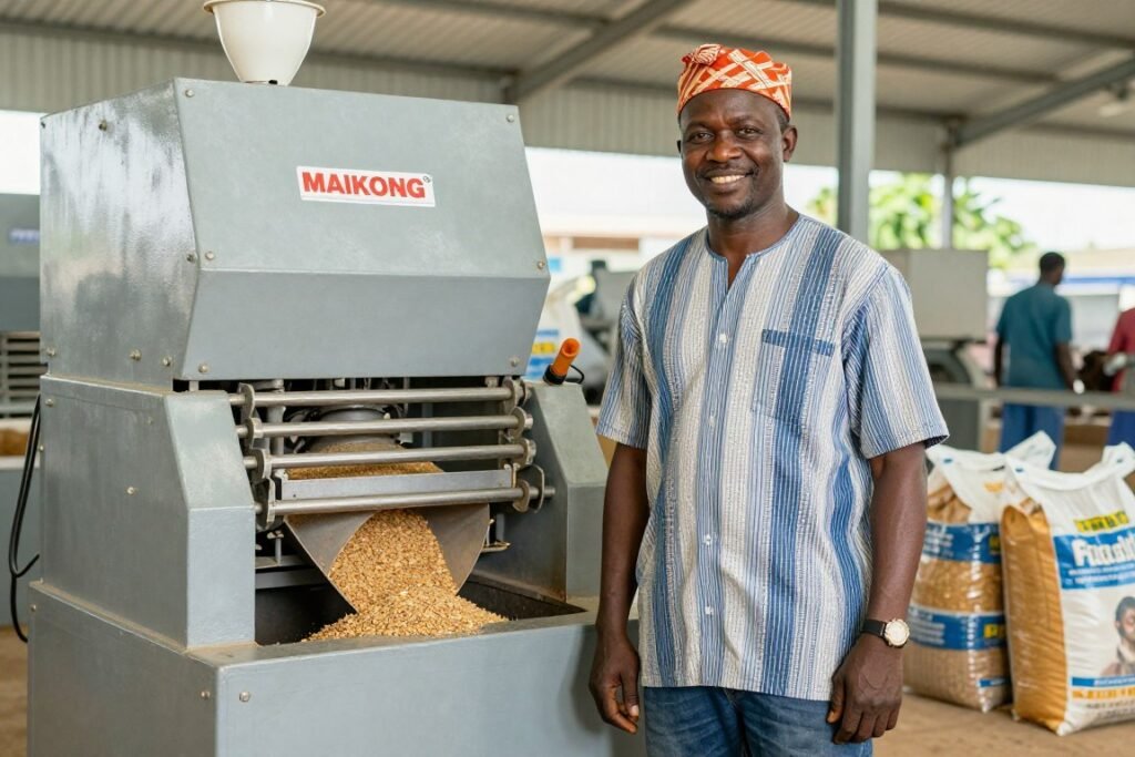 Nigerian fish farmer standing proudly next to MAIKONG pellet machine with produced feed