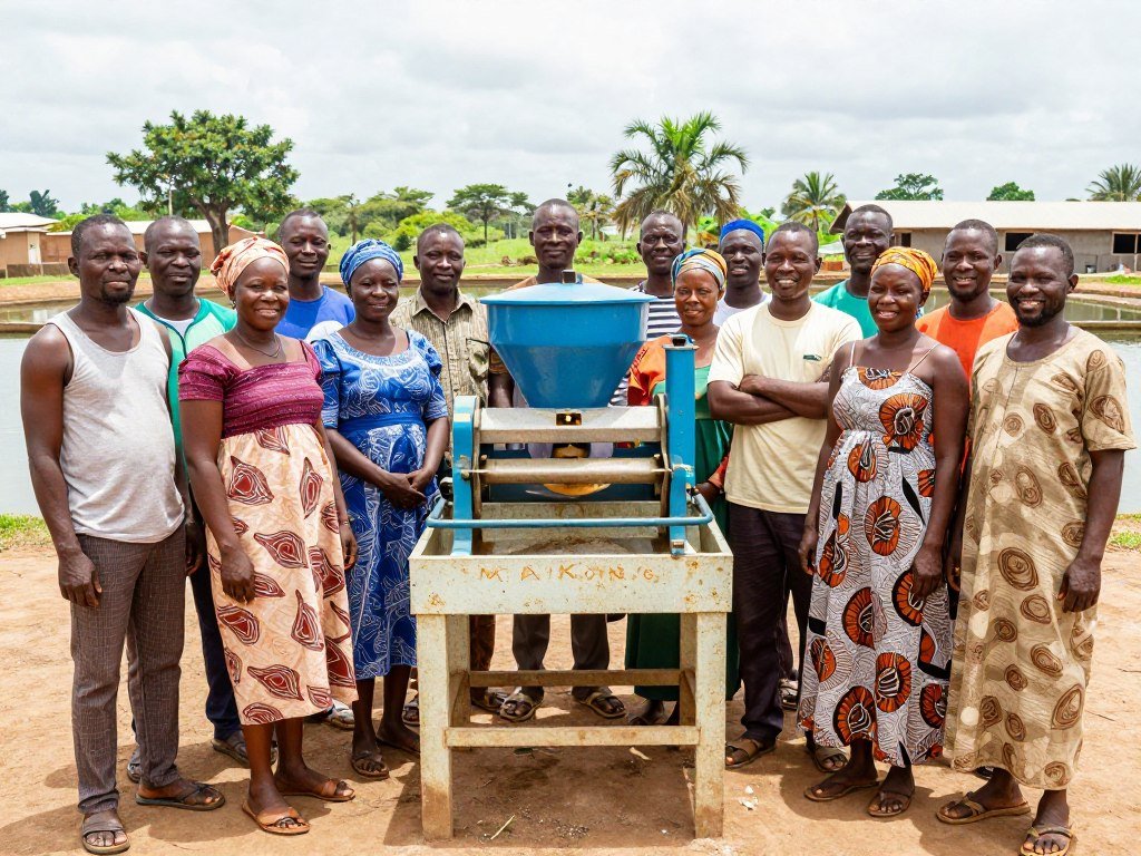 Nigerian fish farming cooperative members with their MAIKONG machine Nigerian fish farming cooperative members with their MAIKONG machine