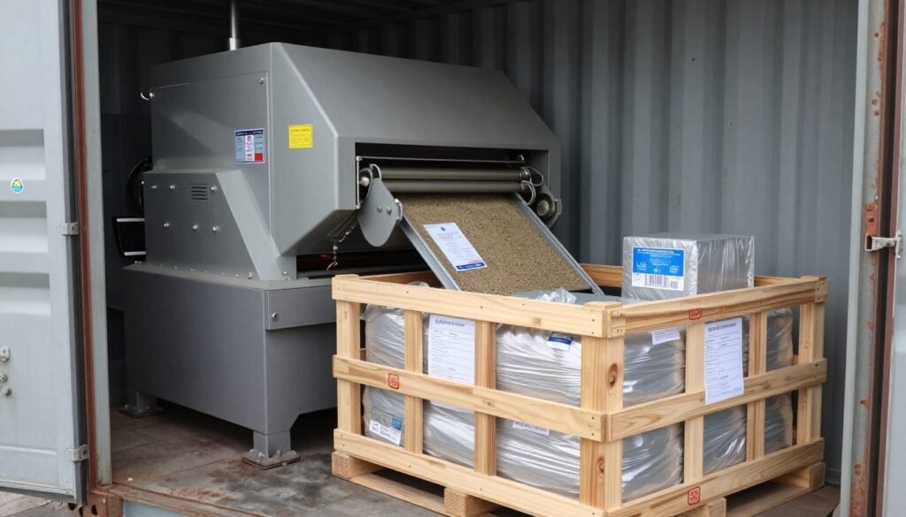Shipping container with fish feed extruder equipment ready for export