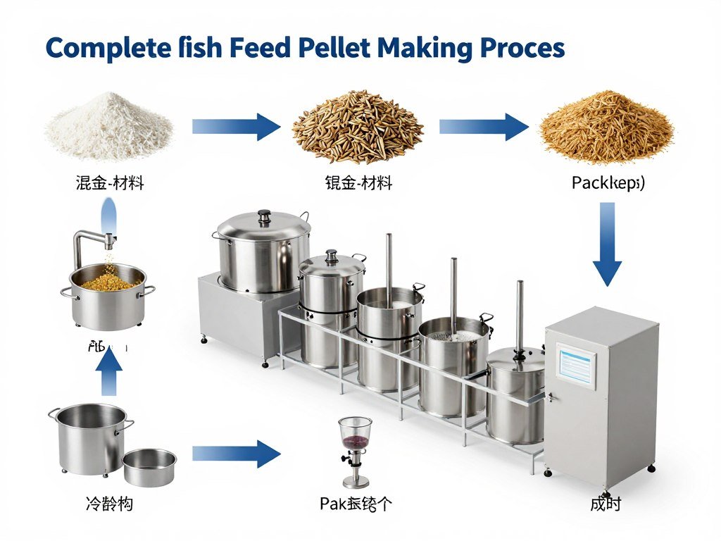 Step-by-step diagram of fish feed pellet production process from raw materials to finished pellets