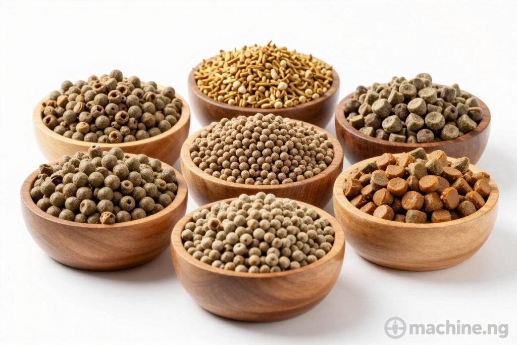 Various types of feed pellets produced by MAIKONG pellet machine
